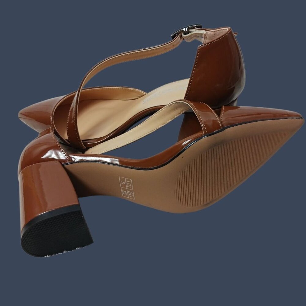 Movinsteps Womens Patent Leather Block Mid Heel Strap Pumps Brown Size 5 - Picture 7 of 14